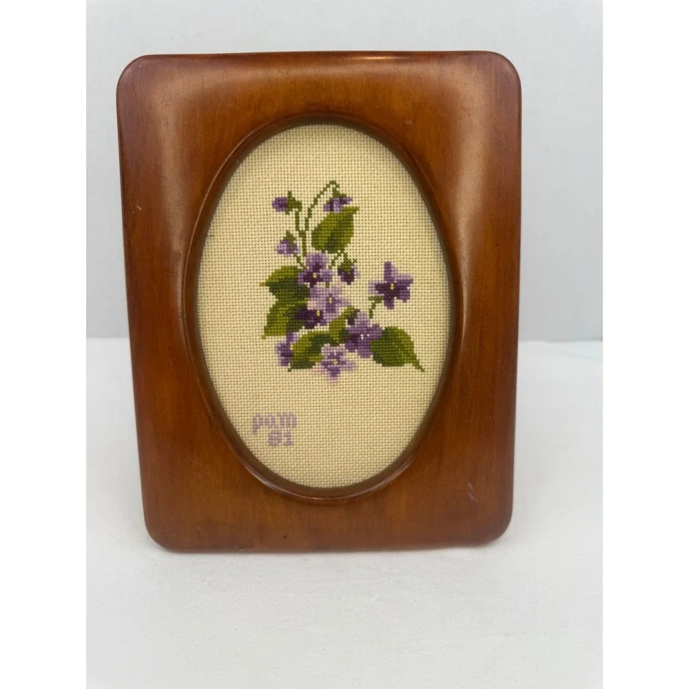 Vintage 80's Hand Stitched Violet Cross Stitch Floral Oval Wood Frame 7x9